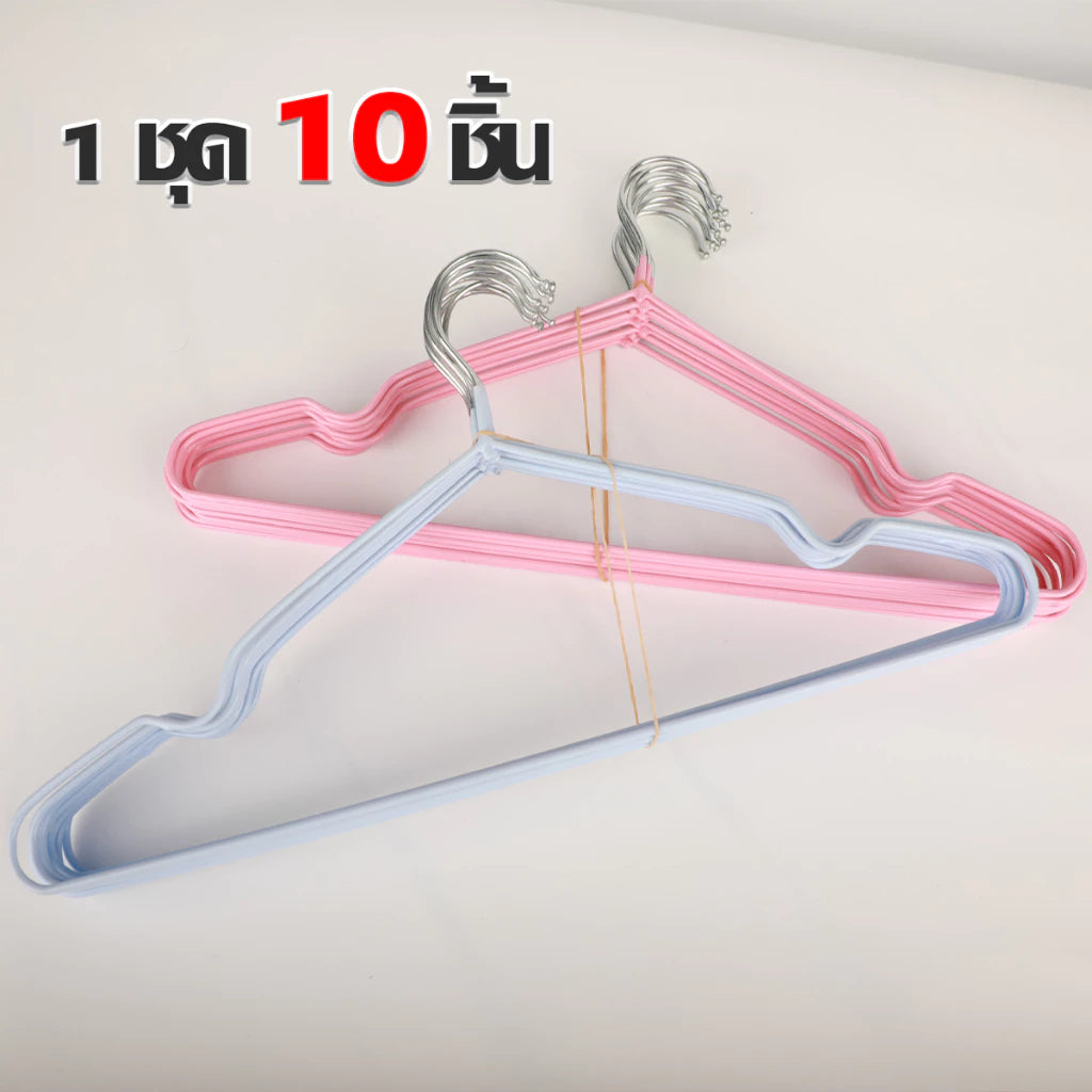 🔥[ราคาสุดคุ้ม ถูกที่สุด]🔥(1 เเพ็ค10 ชิ้น)ไม้แขวนเสื้อ แบบบางเบา มีคุณภาพ รับน้ำหนักดี เคลือบซิลิโคนกันลื่นสีพาทเทลน่ารัก